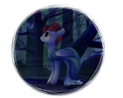 Size: 900x720 | Tagged: safe, artist:bonbrony, bird, bluebird, pegasus, pony, beatrice (over the garden wall), clothes, dress, female, forest, looking at something, looking up, mare, outdoors, over the garden wall, ponified, profile, solo, standing, wings
