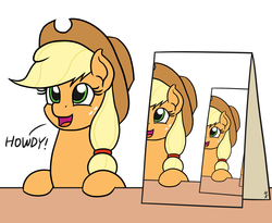 Size: 1100x900 | Tagged: safe, artist:mkogwheel edits, edit, applejack, earth pony, pony, g4, applejack's sign, cute, daaaaaaaaaaaw, droste effect, female, howdy, jackabetes, leaning, looking up, mare, meme, open mouth, parody, recursion, sign, silly, silly pony, simple background, smiling, solo, table, weapons-grade cute, white background, who's a silly pony
