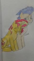 Size: 585x1040 | Tagged: safe, artist:fireboltpug, flash sentry, sunset shimmer, pony, g4, female, male, ship:flashimmer, shipping, straight, traditional art