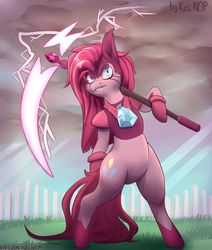Size: 1920x2266 | Tagged: safe, artist:kelniferion, pinkie pie, oc, oc only, earth pony, gem (race), gem pony, hybrid, pony, semi-anthro, g4, arm hooves, bipedal, crossover, crossover fusion, element of laughter, female, fusion, fusion:pinkie pie, fusion:spinel, gem, gem fusion, gem rejuvenator, hybrid fusion, mare, pinel, pinkamena diane pie, solo, spinel, spinel (steven universe), spoilers for another series, steven universe, steven universe: the movie, weapon