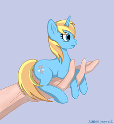 Size: 2000x2175 | Tagged: safe, artist:ambiguous_rufioh, artist:summonerx2, oc, oc only, oc:skydreams, human, pony, unicorn, cute, hand, high res, holding a pony, in goliath's palm, it's dangerous to go alone, palm, smol, tiny, tiny ponies, ych result