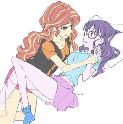Size: 1464x1468 | Tagged: dead source, safe, artist:5mmumm5, sci-twi, sunset shimmer, twilight sparkle, equestria girls, g4, anime, belly button, blushing, clothes, duo, female, glasses, holding wrists, jacket, leather jacket, legs, lesbian, looking at each other, lying on bed, midriff, miniskirt, pleated skirt, ship:sci-twishimmer, ship:sunsetsparkle, shipping, skirt, skirt lift, socks, thighs