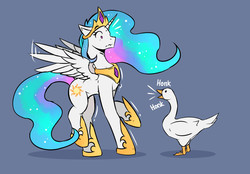 Size: 1437x1000 | Tagged: safe, artist:lostdreamm, princess celestia, alicorn, bird, goose, pony, g4, chest fluff, duo, fear, female, flapping wings, gray background, honk, jewelry, mare, motion lines, regalia, simple background, surprised, untitled goose game