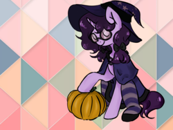 Size: 1600x1200 | Tagged: safe, artist:taika403, oc, pony, unicorn, abstract background, clothes, glasses, hat, pumpkin, socks, solo, witch, witch hat