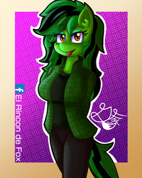Size: 1000x1250 | Tagged: safe, artist:thedamneddarklyfox, oc, oc only, oc:diamond green, pegasus, anthro, arm behind back, clothes, female, jacket, long hair, long mane, looking at you, pants, solo, tongue out