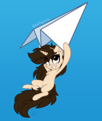 Size: 3312x3941 | Tagged: safe, artist:airfly-pony, oc, oc only, oc:nastich karandasheva, pony, unicorn, blue background, flying, high res, simple background, solo, telegram