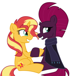 Size: 4887x5255 | Tagged: safe, artist:ejlightning007arts, sunset shimmer, tempest shadow, pony, unicorn, g4, broken horn, clothes, cute, hoofshake, horn, scarf, shimmerbetes, simple background, sitting, tempestbetes, transparent background, vector