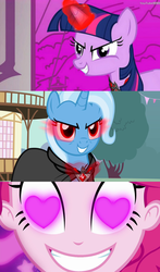 Size: 1448x2456 | Tagged: safe, edit, screencap, pinkie pie, trixie, twilight sparkle, coinky-dink world, equestria girls, g4, magic duel, my little pony equestria girls: summertime shorts, alicorn amulet, female, heart, heart eyes, lesbian, meme, pinkie's eyes, ship:twixie, shipping, wingding eyes