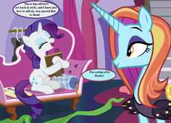 Size: 896x640 | Tagged: safe, edit, edited screencap, editor:korora, screencap, rarity, sassy saddles, pony, forever filly, g4, canterlot carousel, clothes, couch, cropped, cute, dialogue, fabric, raribetes, speech bubble