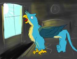 Size: 1300x1000 | Tagged: safe, artist:horsesplease, gallus, griffon, g4, bed, behaving like a rooster, crowing, gallus the rooster, instinct, screaming, sun, waking up, window