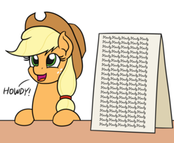 Size: 1100x900 | Tagged: safe, artist:mkogwheel edits, edit, applejack, earth pony, pony, g4, applejack's sign, female, howdies in the comments, howdy, solo, text