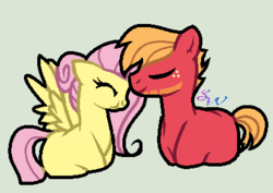 Size: 410x290 | Tagged: safe, artist:brendalobinha, edit, big macintosh, fluttershy, earth pony, pegasus, pony, g4, base used, beard, eyes closed, facial hair, female, forehead kiss, freckles, green background, hair bun, kissing, male, mare, missing cutie mark, puffy cheeks, ship:fluttermac, shipping, simple background, spread wings, stallion, straight, wings