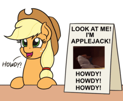 Size: 1100x900 | Tagged: safe, artist:mkogwheel edits, edit, applejack, earth pony, pony, shark, g4, animated, applejack's hat, applejack's sign, cowboy hat, female, gif, hair tie, hat, howdy, mare, meme, movie reference, open mouth, sign, solo, text, toy story