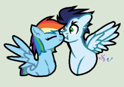 Size: 410x290 | Tagged: safe, artist:brendalobinha, edit, rainbow dash, soarin', pegasus, pony, g4, :t, base used, eyes closed, female, green background, kissing, male, puffy cheeks, ship:soarindash, shipping, simple background, spread wings, straight, wings