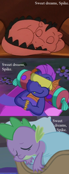 Size: 551x1392 | Tagged: safe, edit, edited screencap, editor:korora, screencap, master kenbroath gilspotten heathspike, spike, spike (g1), dragon, g1, g3, g4, my little pony 'n friends, somnambula (episode), the runaway rainbow, winter wrap up, cropped, cute, flower, g1 to g4, g3 to g4, generation leap, male, mattress, pillow, sleep mask, sleeping, spikabetes, text