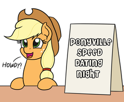 Size: 1100x900 | Tagged: safe, artist:mkogwheel edits, edit, applejack, earth pony, pony, g4, applejack's hat, applejack's sign, cowboy hat, female, hair tie, hat, howdy, implied shipping, mare, meme, sign, speed dating