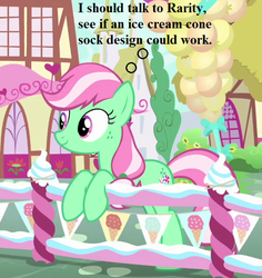 Size: 594x630 | Tagged: safe, edit, edited screencap, editor:korora, screencap, minty (g4), g4, sundae sundae sundae, spoiler:interseason shorts, cropped, cute, fence, implied rarity, mintybetes, ponyville, text, that pony sure does love socks, thinking