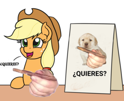 Size: 1100x900 | Tagged: safe, artist:mkogwheel edits, edit, applejack, dog, earth pony, pony, g4, applejack's hat, applejack's sign, cigar, cowboy hat, drugs, female, hand, hat, mare, marijuana, meme, open mouth, smiling, solo, spanish, ¿quieres?