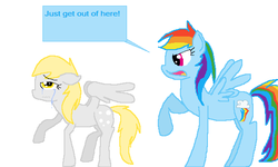 Size: 587x353 | Tagged: safe, artist:cotton-candy-pony, derpy hooves, rainbow dash, pegasus, pony, g4, abuse, angry, crying, derpybuse, female, floppy ears, mare, open mouth, rainbow douche, raised hoof, simple background, speech bubble, standing, text, white background, wings