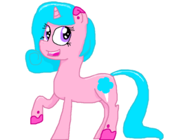 Size: 737x599 | Tagged: safe, artist:cotton-candy-pony, oc, oc only, oc:cotton candy, pony, unicorn, female, looking at you, mare, open mouth, raised hoof, simple background, smiling, solo, white background