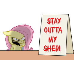 Size: 1100x900 | Tagged: safe, artist:hotdiggedydemon, artist:mkogwheel edits, edit, fluttershy, .mov, shed.mov, g4, applejack's sign, implied grimdark, meme, open mouth, sign, stay out of my shed, text
