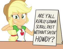 Size: 1098x852 | Tagged: safe, artist:marcoequestrian98, artist:mkogwheel edits, edit, applejack, diy with applejack, equestria girls, equestria girls series, g4, spoiler:eqg series (season 2), apple, applejack's hat, applejack's sign, arm behind head, belt, breasts, bust, clothes, collar, cowboy hat, cute, female, food, freckles, geode of super strength, hair tie, hand behind back, hat, howdies in the comments, jackabetes, long hair, magical geodes, meme, ponytail, shirt, sign, smiling, teenager, text, y'all
