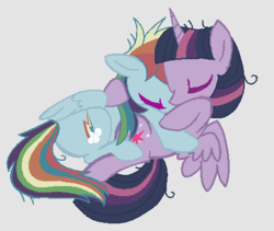 Size: 439x371 | Tagged: safe, mean rainbow dash, mean twilight sparkle, twilight sparkle, alicorn, pegasus, pony, g4, the mean 6, base used, clone, cuddling, eyes closed, female, gray background, horn, lesbian, lying down, mare, ship:mean twidash, shipping, simple background, spread wings, twilight sparkle (alicorn), wings