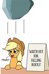 Size: 770x1165 | Tagged: safe, artist:mkogwheel edits, artist:philiptomkins, edit, applejack, tom, earth pony, pony, g4, applejack's hat, applejack's sign, cowboy hat, falling, female, hat, howdy, mare, meme, open mouth, smiling, text, this will end in pain