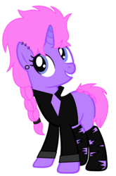 Size: 1249x1898 | Tagged: safe, artist:pegasski, artist:rukemon, oc, oc only, oc:murder punk, pony, unicorn, g4, base used, blank flank, clothes, ear piercing, earring, female, jacket, jewelry, leather jacket, mare, piercing, simple background, socks, solo, stockings, thigh highs, torn clothes, transparent background