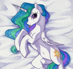 Size: 1255x1191 | Tagged: safe, artist:toroitimu, princess celestia, alicorn, pony, g4, :p, beautiful, belly, belly button, chest fluff, cute, cutelestia, cutie mark, female, folded wings, looking at you, lying down, mare, multicolored mane, multicolored tail, purple eyes, sillestia, silly, solo, tongue out
