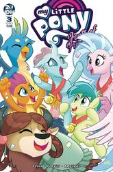 Size: 632x960 | Tagged: safe, artist:tonyfleecs, gallus, ocellus, sandbar, silverstream, smolder, yona, changedling, changeling, classical hippogriff, dragon, griffon, hippogriff, pony, yak, g4, idw, spoiler:comic, spoiler:comicfeatsoffriendship03, cover, cute, diaocelles, diastreamies, eyes closed, female, gallabetes, happy, male, medallion, open mouth, preview, sandabetes, smiling, smolderbetes, student six, teenaged dragon, teenager, yonadorable