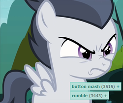 Size: 876x736 | Tagged: safe, edit, edited screencap, screencap, button mash, rumble, pegasus, pony, derpibooru, g4, marks and recreation, angry, colt, comparison, cropped, male, meta, op is a duck, rumble is not amused, solo, tags
