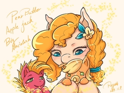 Size: 1024x768 | Tagged: safe, artist:roya, applejack, big macintosh, pear butter, earth pony, pony, g4, baby, babyjack, colt big macintosh, cute, female, flower, flower in hair, foal, jackabetes, macabetes, male, mare, mother and daughter, mother and son, pacifier, pearabetes, pixiv, younger