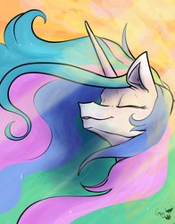Size: 2884x3686 | Tagged: safe, artist:greyscaleart, princess celestia, pony, g4, bust, crepuscular rays, eyes closed, female, high res, majestic, signature, solo