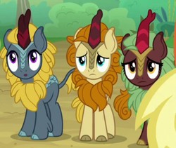 Size: 717x604 | Tagged: safe, screencap, applejack, autumn afternoon, cinder glow, summer flare, winter flame, kirin, g4, sounds of silence, :o, background kirin, cropped, female, male, open mouth, sad