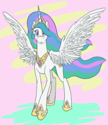 Size: 1008x1161 | Tagged: safe, artist:koopakrazy85, princess celestia, alicorn, pony, g4, abstract background, female, jewelry, looking at you, mare, peytral, regalia, solo, spread wings, standing, surprised, wings