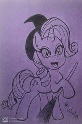 Size: 727x1099 | Tagged: safe, artist:mayorlight, rarity, pony, unicorn, g4, broom, clothes, costume, halloween, holiday, ink drawing, looking at you, monochrome, open mouth, traditional art, witch