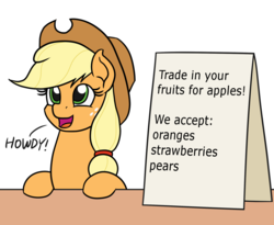 Size: 1100x900 | Tagged: safe, artist:mkogwheel edits, edit, applejack, earth pony, pony, g4, apple, applejack's hat, applejack's sign, cowboy hat, food, fruit, hat, howdy, meme, orange, pear, pearlarious in hindsight, that pony sure does hate strawberries, that pony sure does love apples