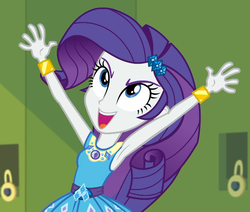 Size: 1274x1080 | Tagged: safe, screencap, rarity, equestria girls, equestria girls specials, g4, my little pony equestria girls: better together, my little pony equestria girls: holidays unwrapped, o come all ye squashful, armpits, arms in the air, bracelet, canterlot high, cropped, excited, female, geode of shielding, hallway, jewelry, lockers, magical geodes, open mouth, rarity peplum dress, solo