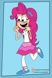 Size: 2449x3665 | Tagged: safe, artist:eagc7, pinkie pie, equestria girls, g4, clothes, cute, female, happy, high res, ko-fi, miniskirt, open mouth, pantyhose, patreon, sandals, shoes, simple background, skirt, solo, style emulation, the loud house