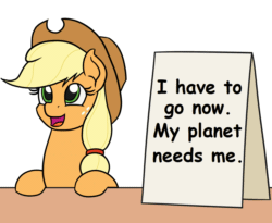 Size: 1100x900 | Tagged: safe, artist:mkogwheel edits, edit, applejack, earth pony, pony, g4, animated, applejack's hat, applejack's sign, comic sans, cowboy hat, female, flying, gif, hat, implied death, itchy & scratchy, male, mare, meme, open mouth, poochie, sign, simple background, smiling, table, text, the simpsons, tv reference, wat, white background