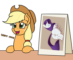 Size: 1100x900 | Tagged: safe, artist:mkogwheel edits, artist:yoditax, edit, applejack, rarity, earth pony, pony, unicorn, g4, anatomically incorrect, applejack's hat, applejack's sign, bed, brown background, butt, cowboy hat, dialogue, dialogue edit, dock, eyes closed, female, hat, implied lesbian, implied rarijack, implied shipping, incorrect leg anatomy, lesbian, mare, meme, plot, plump, prone, raised tail, rearity, ship:rarijack, shipping, simple background, smiling, tail, the ass was fat, thick