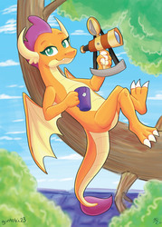 Size: 3000x4200 | Tagged: safe, artist:gintoki23, smolder, dragon, g4, the last problem, adult, butt, claws, coffee mug, colored pupils, crossed legs, cute, dragoness, female, food, looking at you, mug, older, older smolder, relaxing, scene interpretation, sextant, smiling, smolderbetes, solo, spread toes, tea, telescope, tree