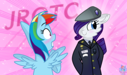 Size: 1636x959 | Tagged: safe, artist:rainbow eevee, rainbow dash, rarity, pegasus, pony, anthro, g4, anime background, anthro with ponies, bipedal, blushing, clothes, cute, female, hat, implied raridash, jrotc, lesbian, mare, rotc, soldier, spread wings, wingboner, wings