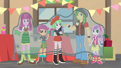 Size: 1600x900 | Tagged: safe, screencap, cheerilee, drama letter, sandalwood, scootaloo, sweetie belle, watermelody, equestria girls, equestria girls specials, g4, my little pony equestria girls: better together, my little pony equestria girls: holidays unwrapped, banner, boots, cardboard cutout, eqg promo pose set, fake, high heel boots, net, present, shoes, table, window