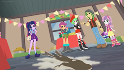 Size: 1600x900 | Tagged: safe, screencap, applejack, sandalwood, sci-twi, scootaloo, sweetie belle, twilight sparkle, watermelody, equestria girls, equestria girls specials, g4, my little pony equestria girls: better together, my little pony equestria girls: holidays unwrapped, banner, boots, cardboard cutout, dust, food, high heel boots, jug, pepper, pie, present, shoes, smiling, smirk, window