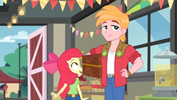 Size: 1600x900 | Tagged: safe, screencap, apple bloom, big macintosh, equestria girls, equestria girls specials, g4, my little pony equestria girls: better together, my little pony equestria girls: holidays unwrapped, banner, barn door, bucket, chest, container, dispenser, food, hand on hip, pie, streetlight, window