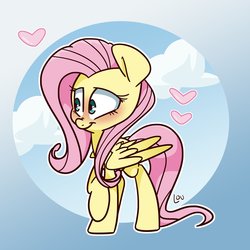 Size: 1500x1500 | Tagged: safe, artist:lou, fluttershy, pegasus, pony, g4, blushing, cloud, cute, female, heart, looking away, mare, outline, raised hoof, shyabetes, sky, solo, spread wings, three quarter view, white outline, wings