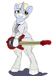 Size: 2480x3507 | Tagged: safe, artist:mcsplosion, oc, oc:nootaz, semi-anthro, arm hooves, bipedal, clothes, costume, david bowie, female, guitar, high res, musical instrument, necktie, nootvember 2019, pants, shirt, smiling, smirk, solo