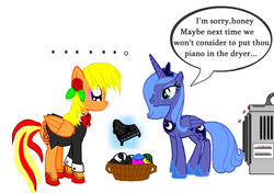 Size: 1942x1366 | Tagged: safe, artist:avchonline, princess luna, oc, oc:sean, alicorn, pegasus, pony, g4, ..., clothes, dialogue, female, flower, flower in hair, glowing horn, hoof shoes, horn, magic, male, mare, musical instrument, peytral, piano, s1 luna, stallion, suit, telekinesis
